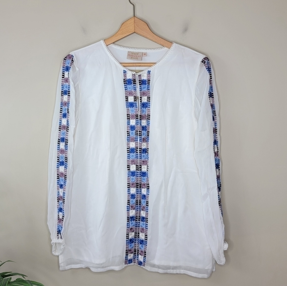 NWT Rungolee | Charlize Ivory Embroidered Blouse with Sheer Sleeves Size Medium
